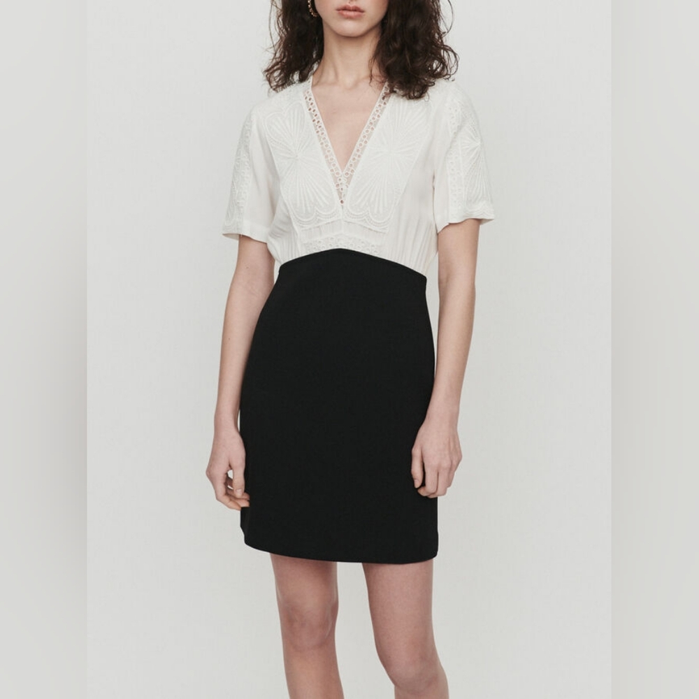 Maje Ravelle Lace-Inset Ceep V Neck Colorblock Mini Dress Ptp 17" Sz 3 UK / L US - Picture 9 of 16